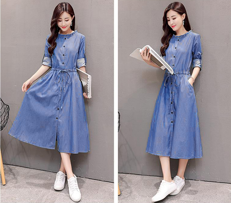 ĐẦM JEAN XÒE TAY DÀI CỔ BÈO TRÒN